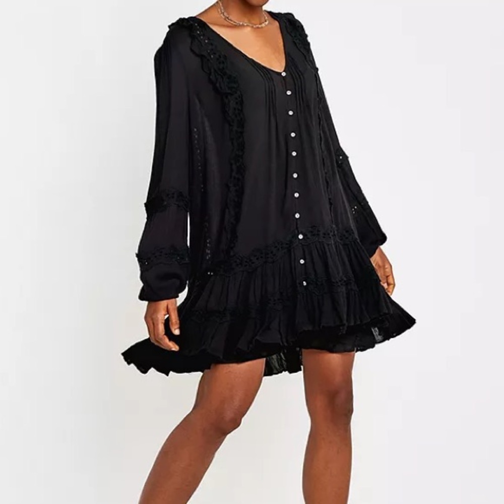 Free People Snow Angel Trapeze Black Dress Endless Summer Mini Lace Ruffle